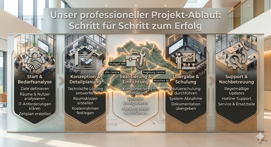 Text Projektablauf,  Symbole mit Bilder für Medientechnik Projekte AV Networks